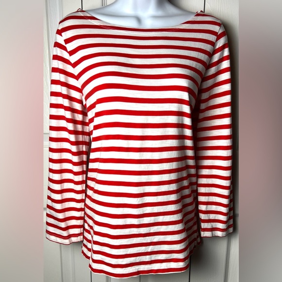 J CREW Boatneck Tee Long Sleeves Red White Stripe Cotton Small - Picture 2 of 10